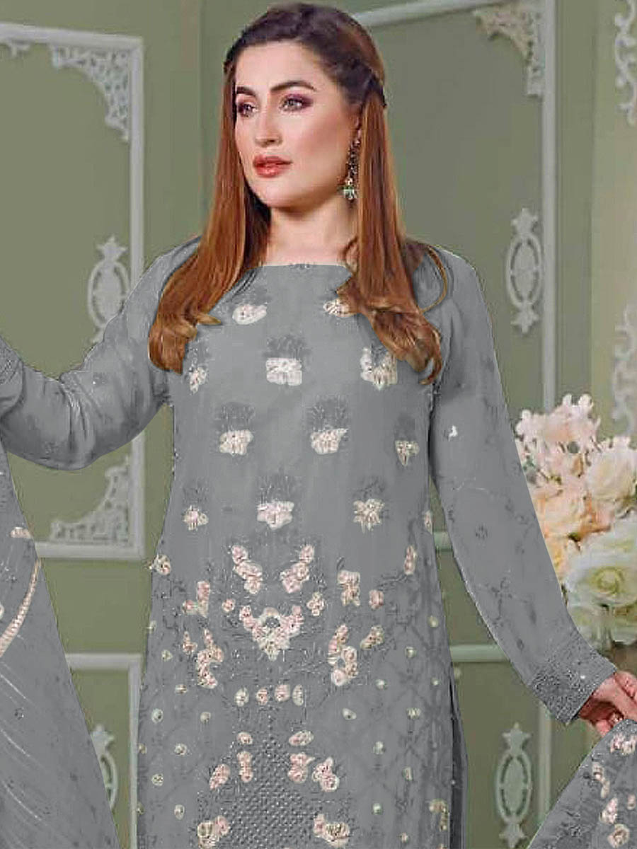 Grey Faux Georgette Embroidered Festival Wedding Pant Salwar Kameez