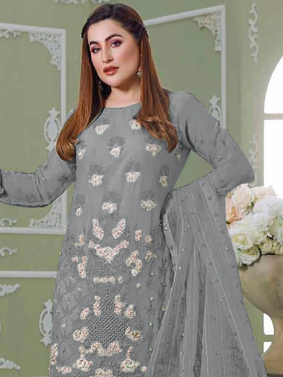 Grey Faux Georgette Embroidered Festival Wedding Pant Salwar Kameez