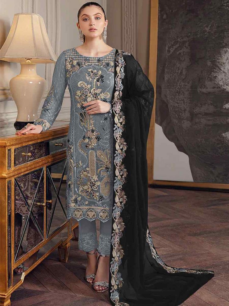 Grey Faux Georgette Embroidered Festival Wedding Pant Salwar Kameez