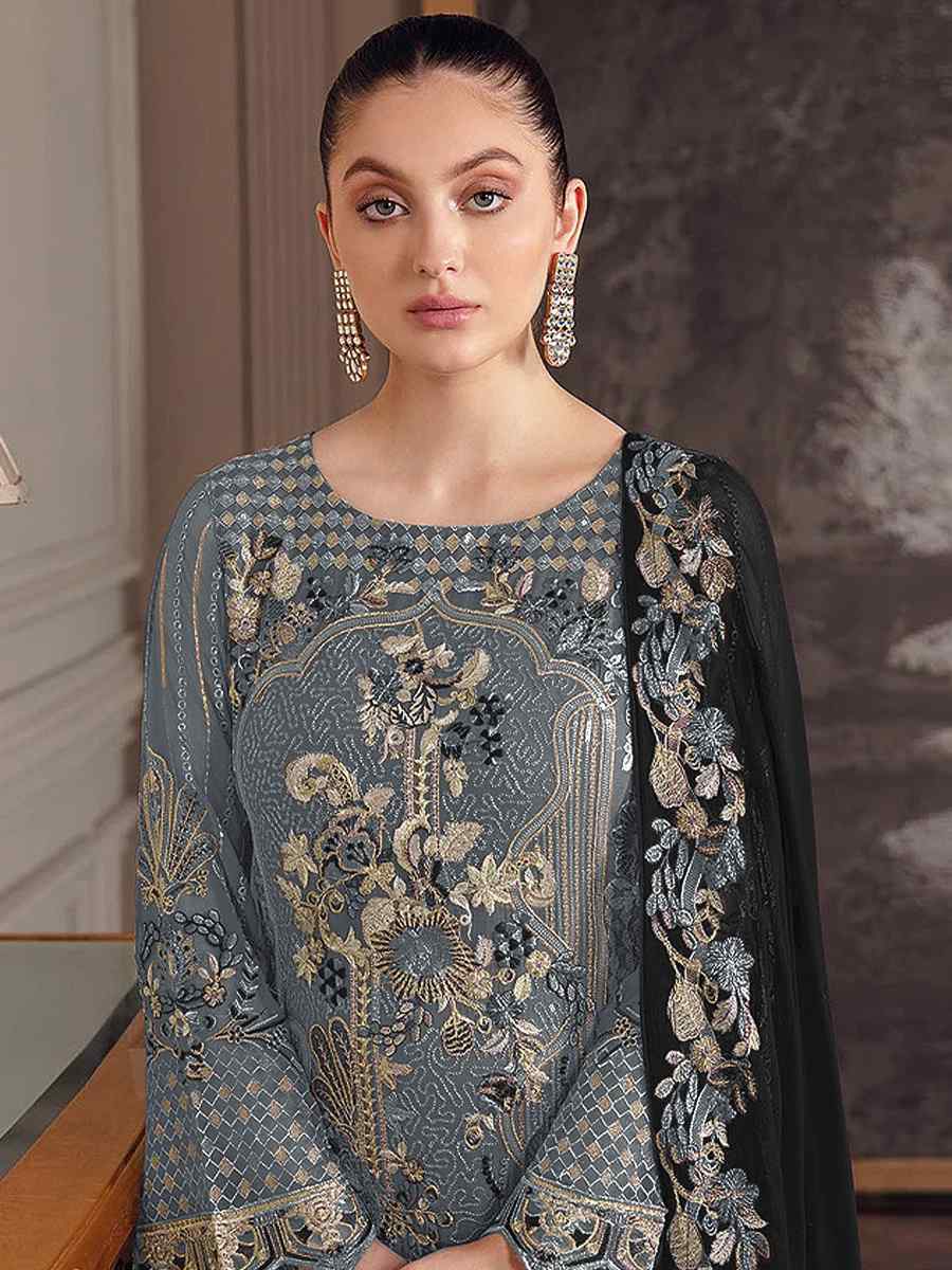 Grey Faux Georgette Embroidered Festival Wedding Pant Salwar Kameez