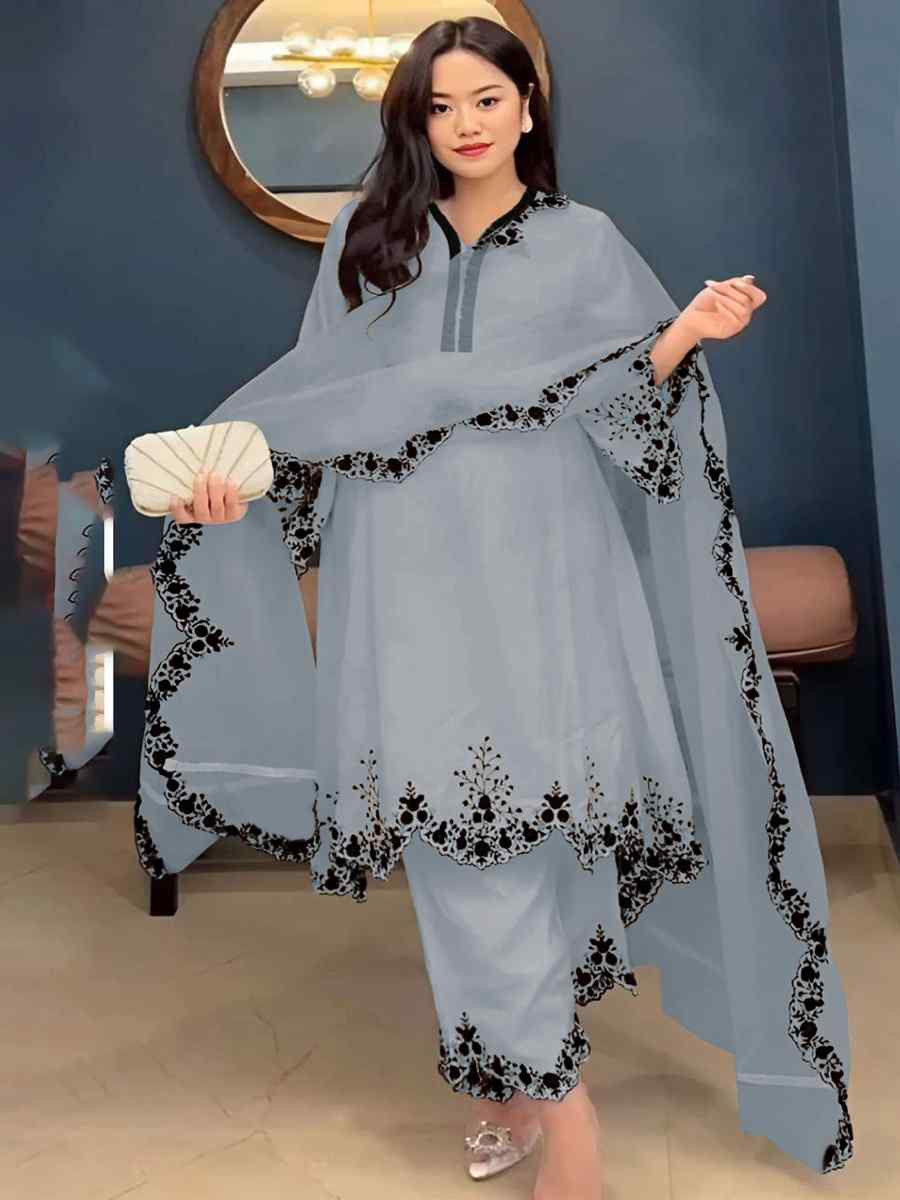 Grey Faux Georgette Embroidered Party Casual Ready Palazzo Pant Salwar Kameez