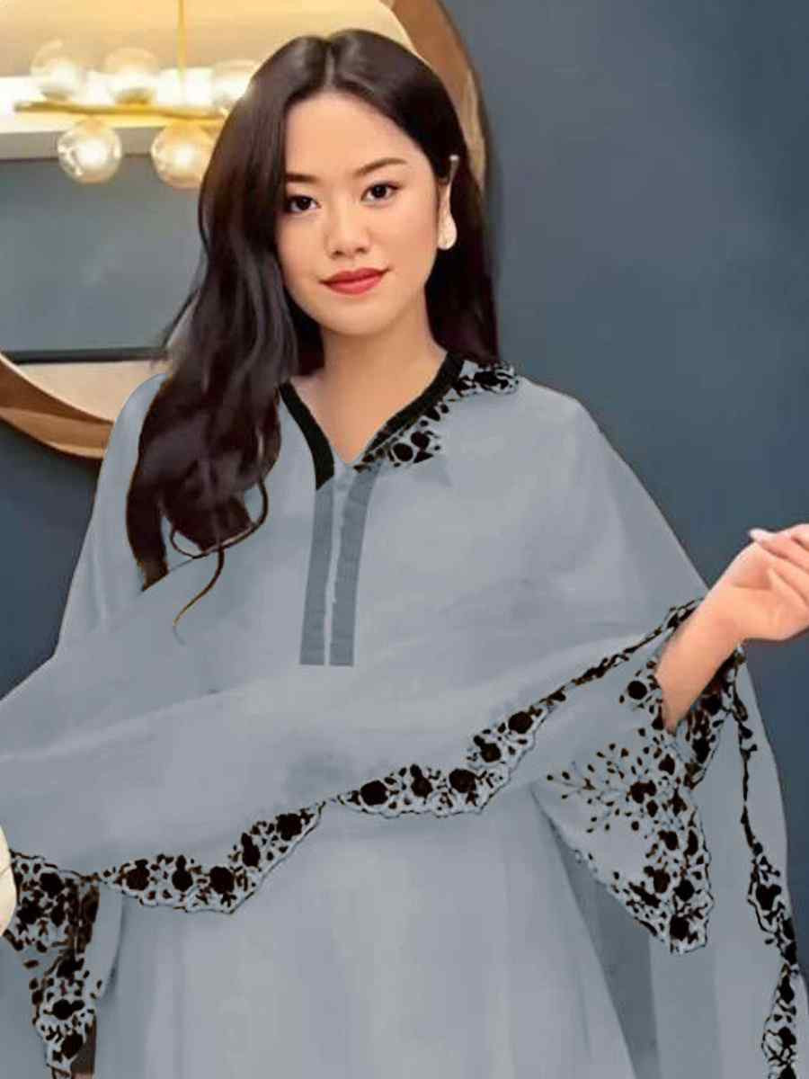 Grey Faux Georgette Embroidered Party Casual Ready Palazzo Pant Salwar Kameez