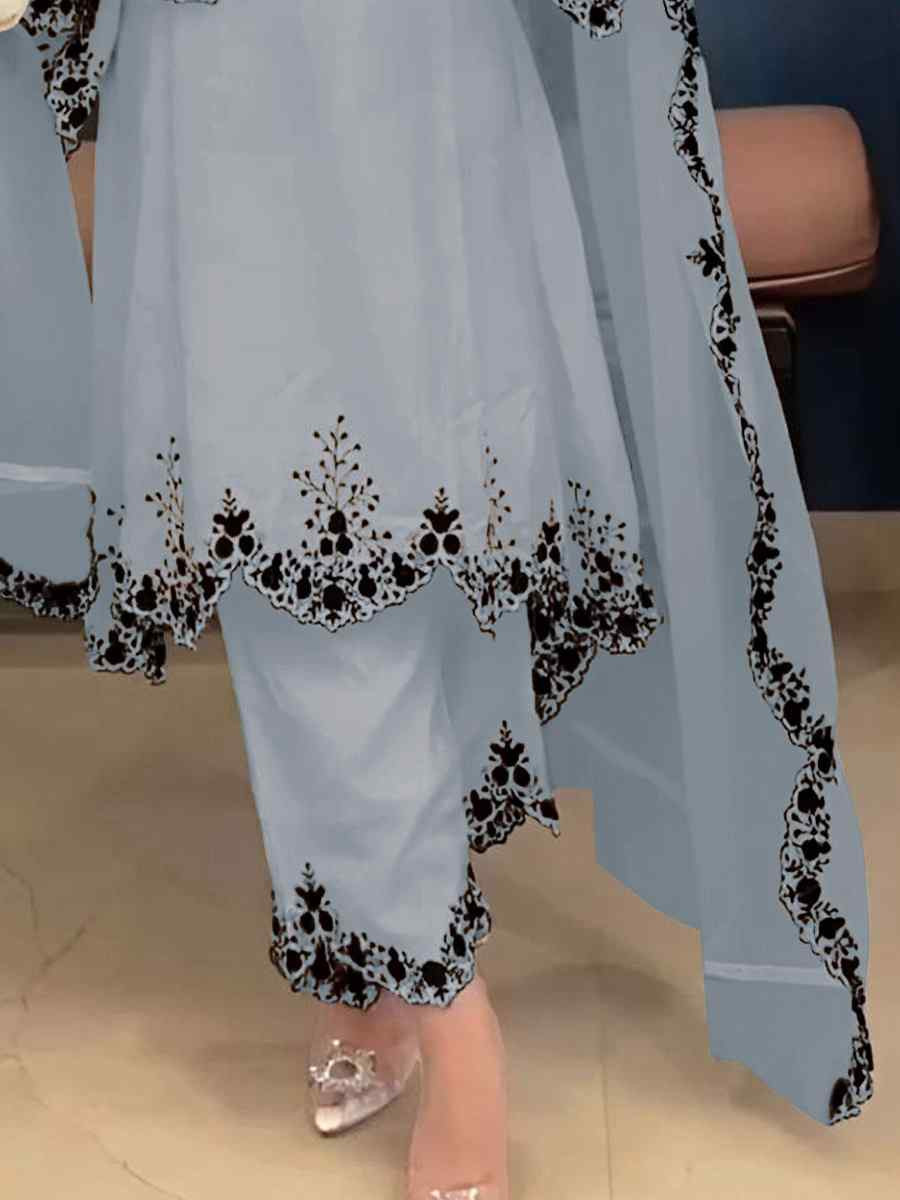 Grey Faux Georgette Embroidered Party Casual Ready Palazzo Pant Salwar Kameez