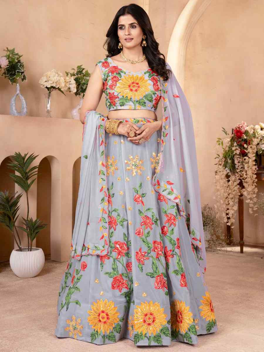 Grey Faux Georgette Embroidered Wedding Festival Heavy Border Lehenga Choli