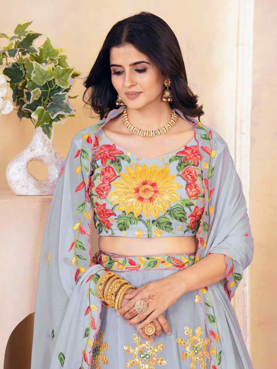 Grey Faux Georgette Embroidered Wedding Festival Heavy Border Lehenga Choli