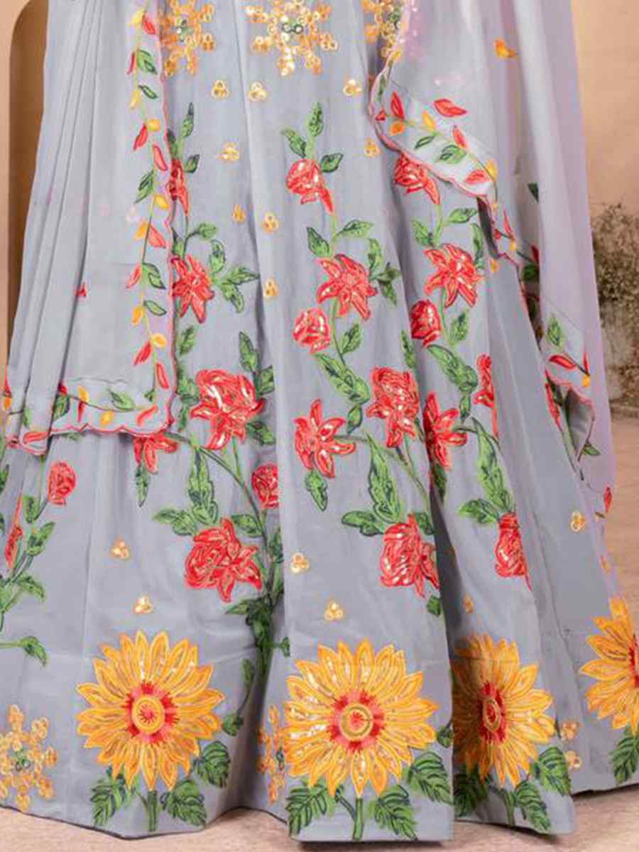 Grey Faux Georgette Embroidered Wedding Festival Heavy Border Lehenga Choli
