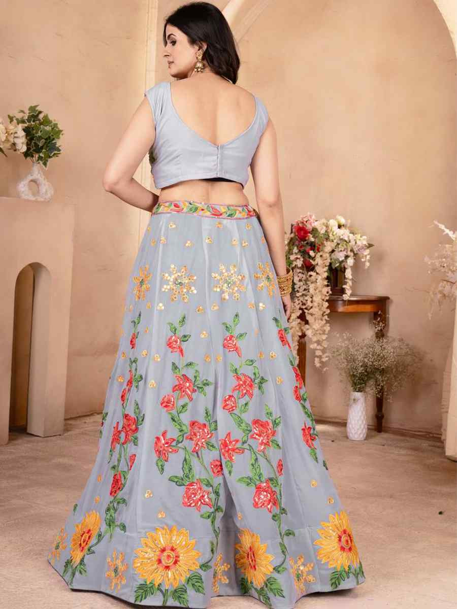Grey Faux Georgette Embroidered Wedding Festival Heavy Border Lehenga Choli
