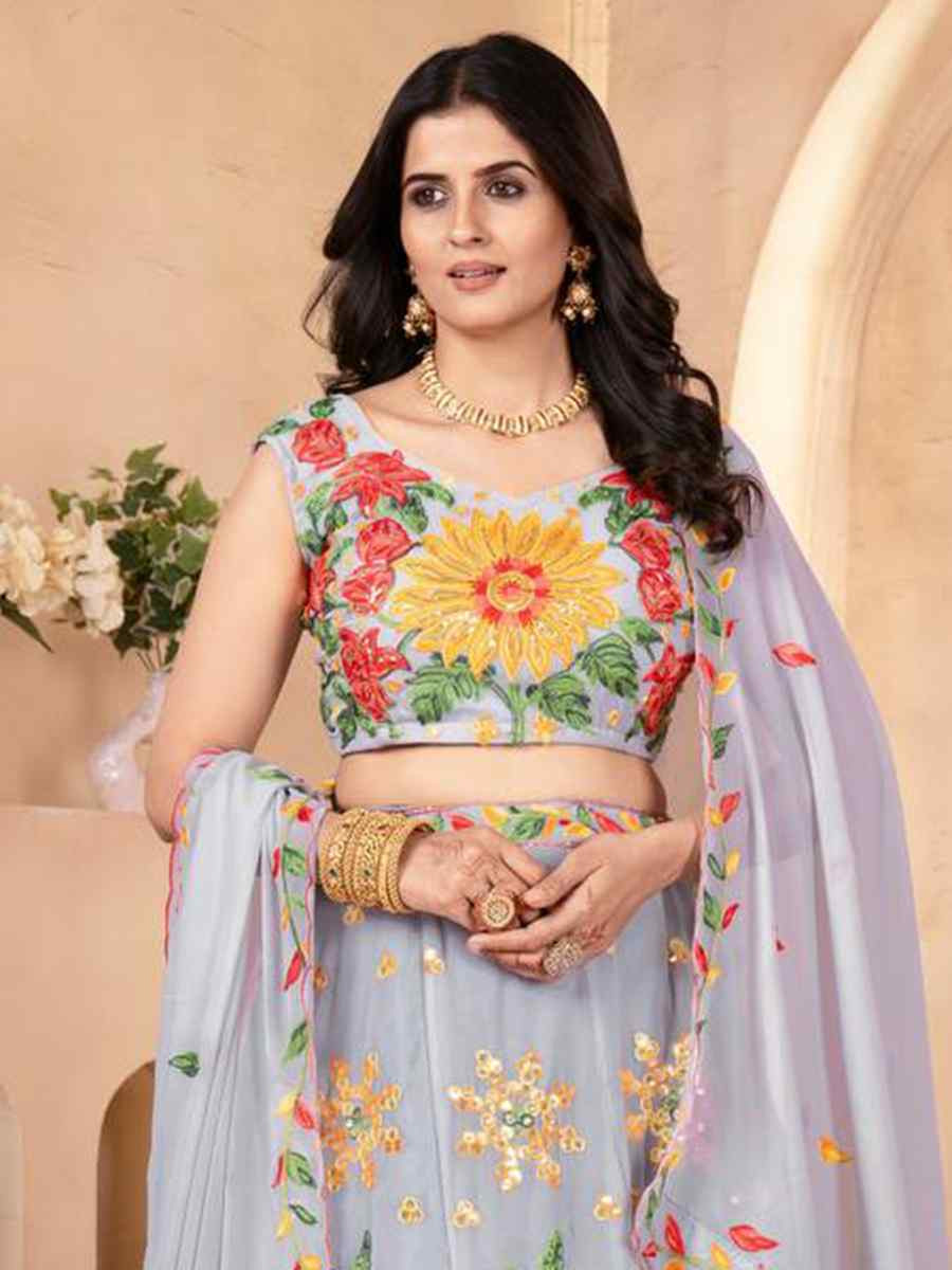 Grey Faux Georgette Embroidered Wedding Festival Heavy Border Lehenga Choli