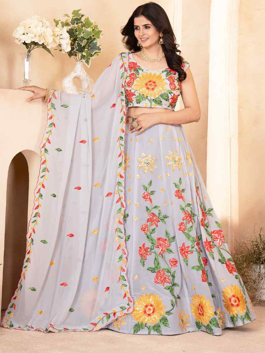 Grey Faux Georgette Embroidered Wedding Festival Heavy Border Lehenga Choli