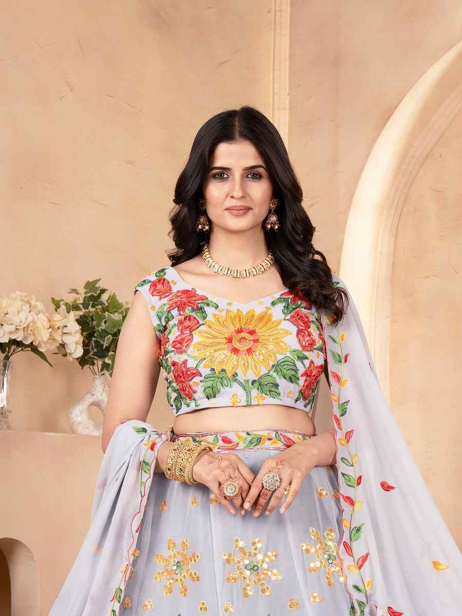 Grey Faux Georgette Embroidered Wedding Festival Heavy Border Lehenga Choli