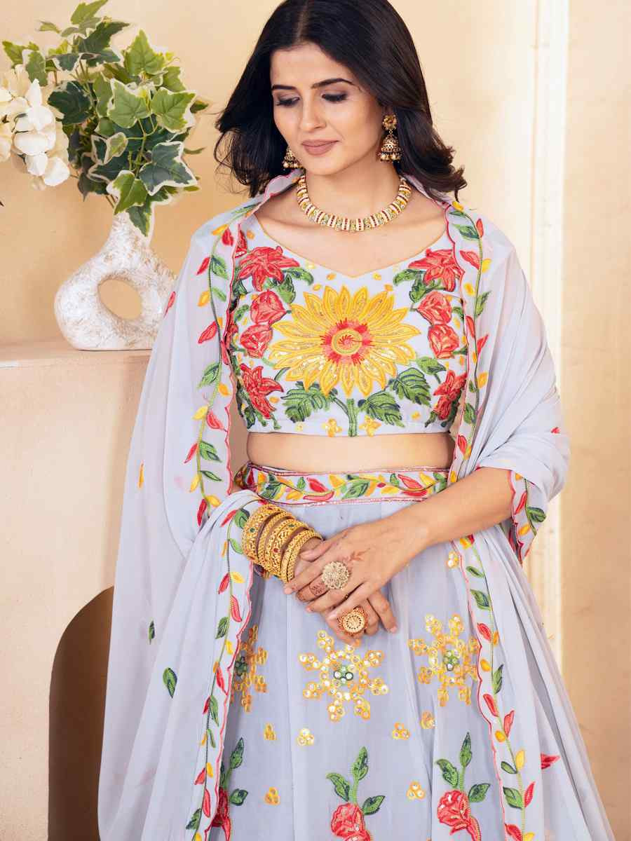 Grey Faux Georgette Embroidered Wedding Festival Heavy Border Lehenga Choli