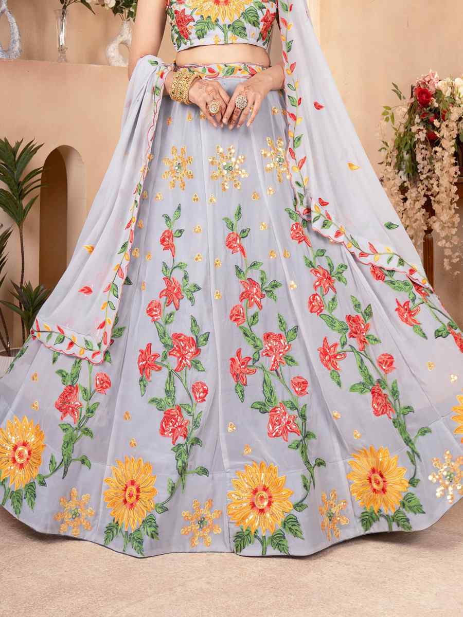 Grey Faux Georgette Embroidered Wedding Festival Heavy Border Lehenga Choli
