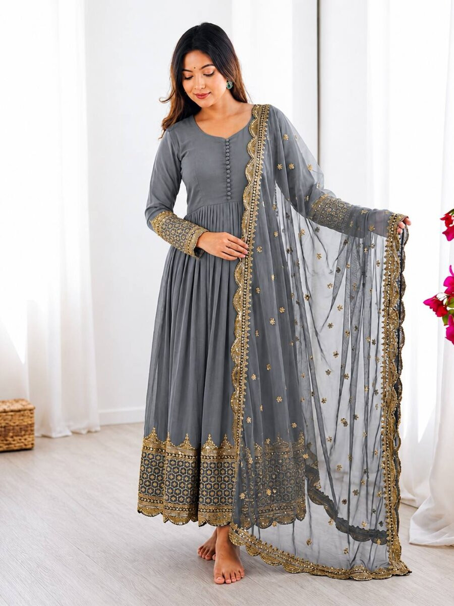 Grey Faux Georgette Embroidery Sequins Zari Wedding Party Festival Casual Ready Anarkali Salwar Kameez