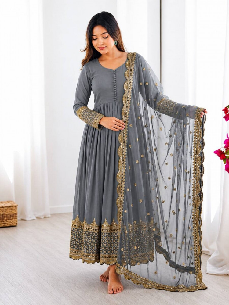 Image of Grey Faux Georgette Embroidery Sequins Zari Wedding Party Festival Casual Ready Anarkali Salwar Kameez
