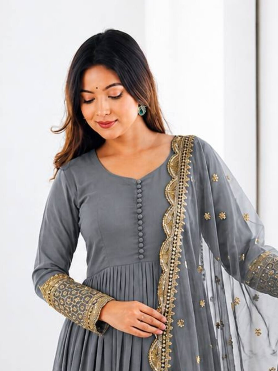Grey Faux Georgette Embroidery Sequins Zari Wedding Party Festival Casual Ready Anarkali Salwar Kameez
