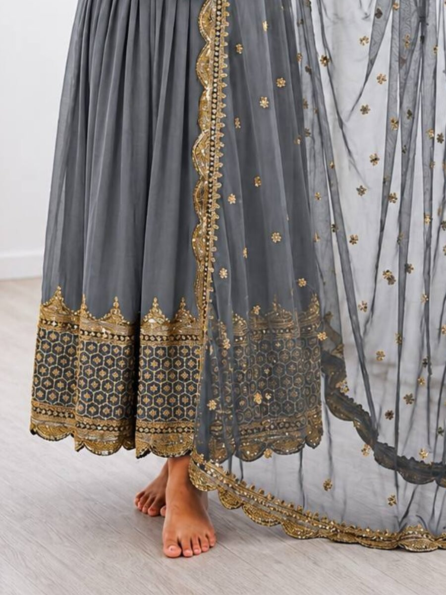 Grey Faux Georgette Embroidery Sequins Zari Wedding Party Festival Casual Ready Anarkali Salwar Kameez