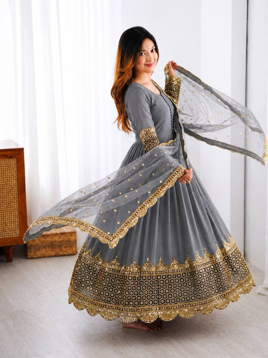 Grey Faux Georgette Embroidery Sequins Zari Wedding Party Festival Casual Ready Anarkali Salwar Kameez
