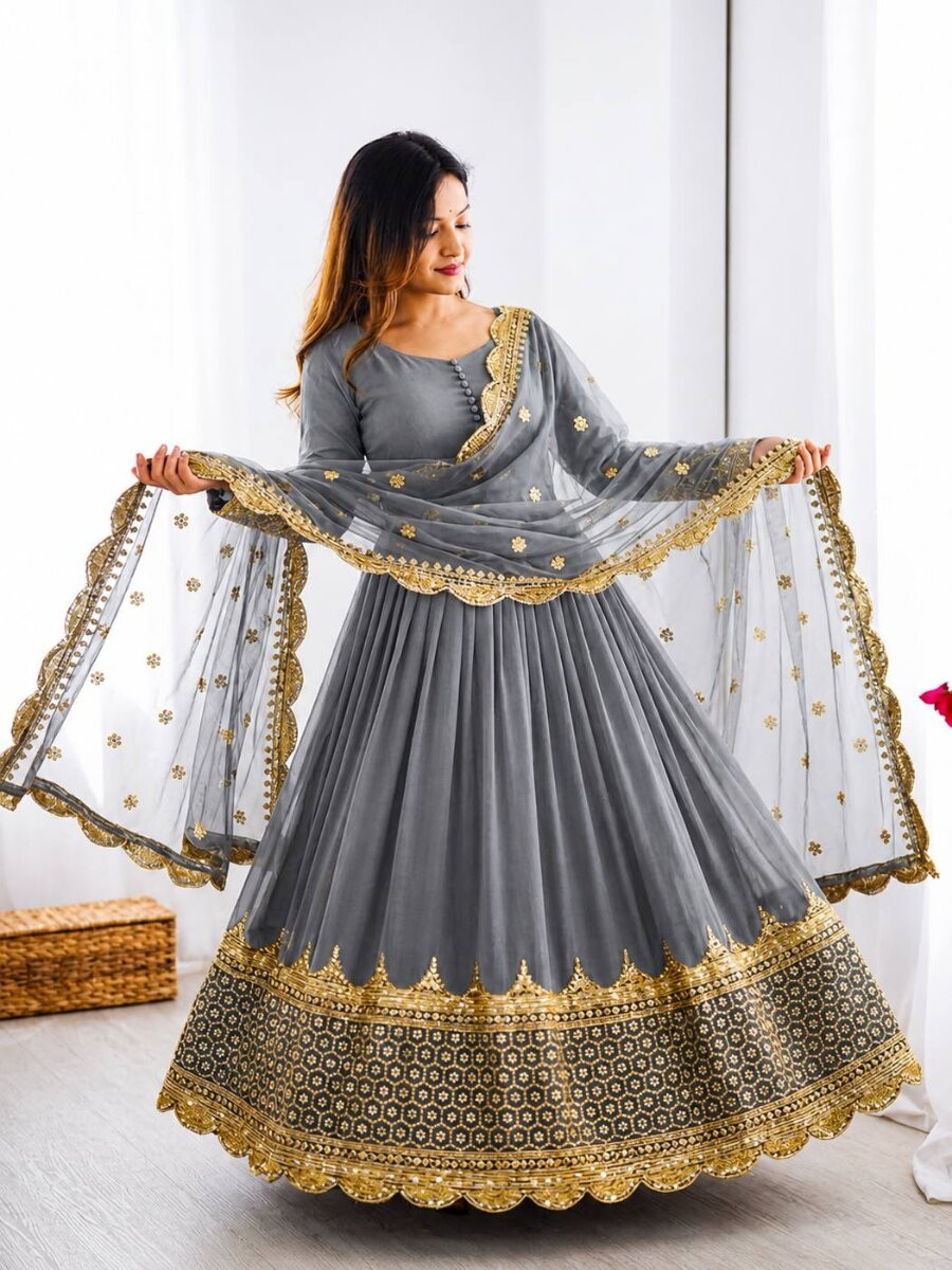 Grey Faux Georgette Embroidery Sequins Zari Wedding Party Festival Casual Ready Anarkali Salwar Kameez