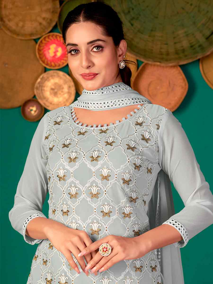 Grey Faux Georgette Handwoven Festival Pant Salwar Kameez