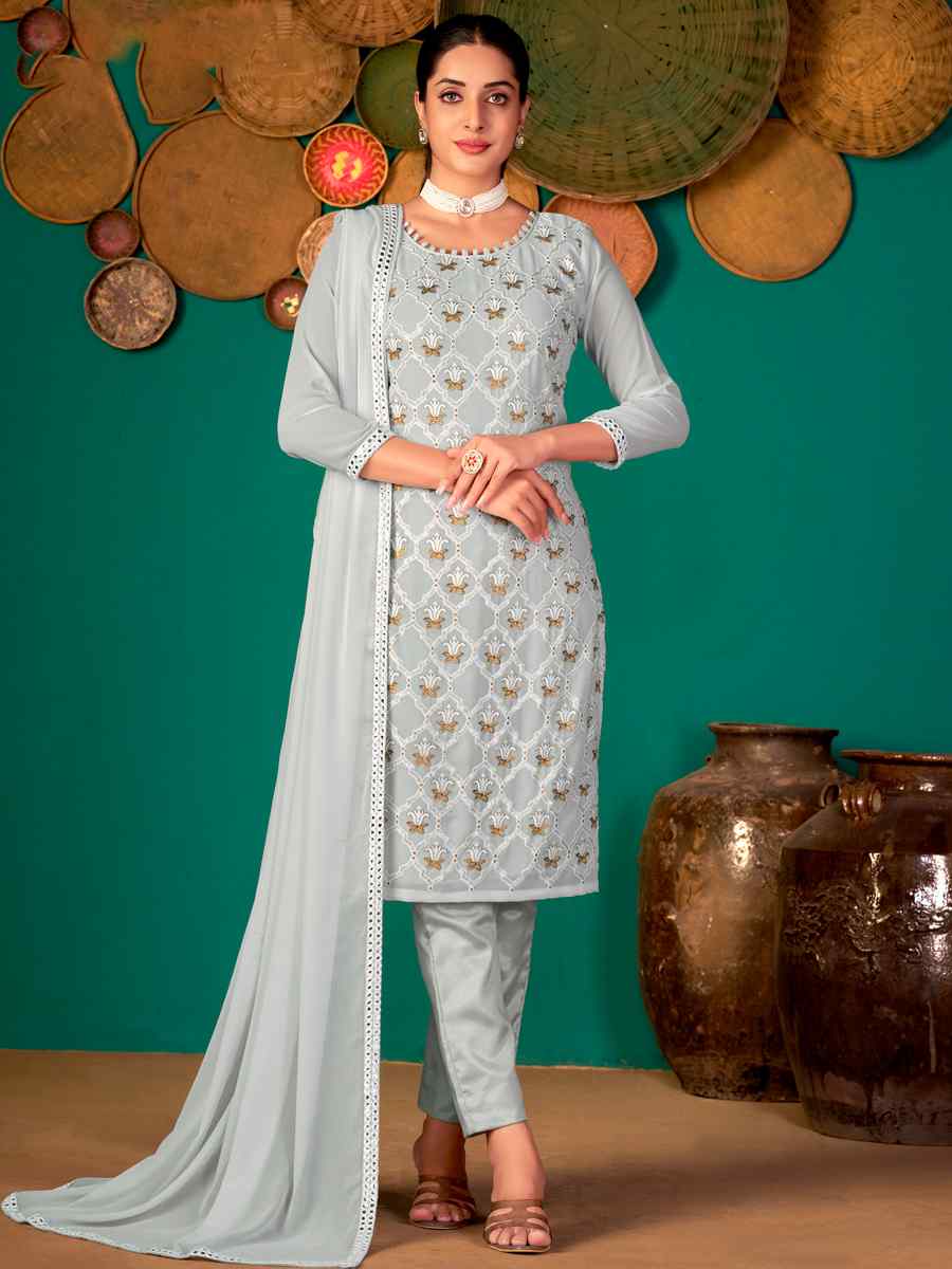 Grey Faux Georgette Handwoven Festival Pant Salwar Kameez