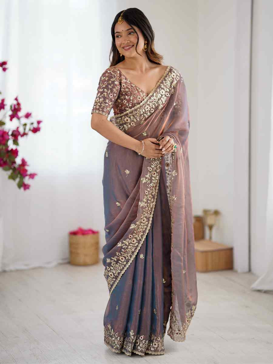 Grey Fendy Chiffon Embroidery Casual Reception Festival Wedding Fancy Heavy Border Sarees
