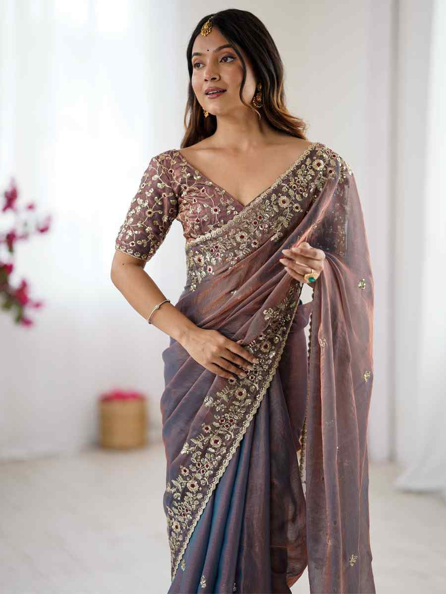 Grey Fendy Chiffon Embroidery Casual Reception Festival Wedding Fancy Heavy Border Sarees