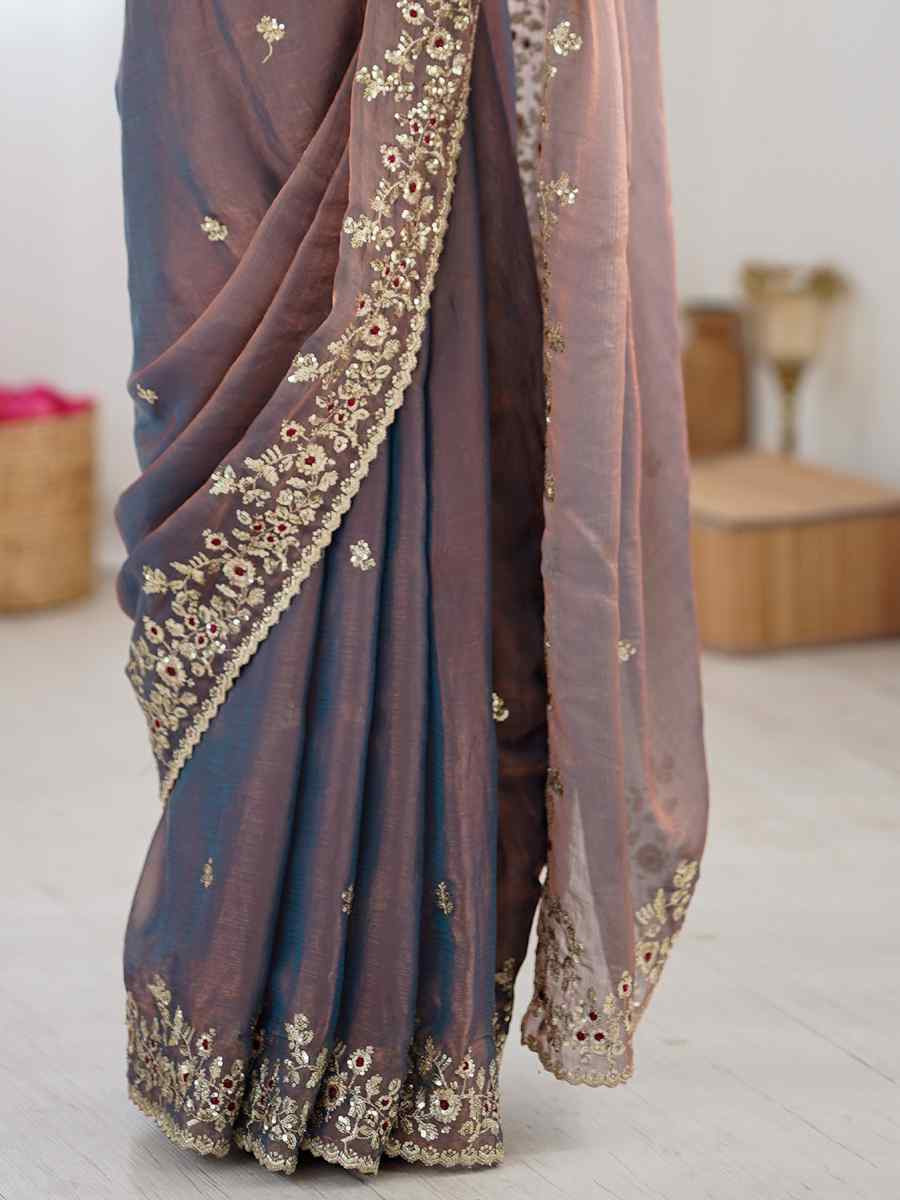 Grey Fendy Chiffon Embroidery Casual Reception Festival Wedding Fancy Heavy Border Sarees