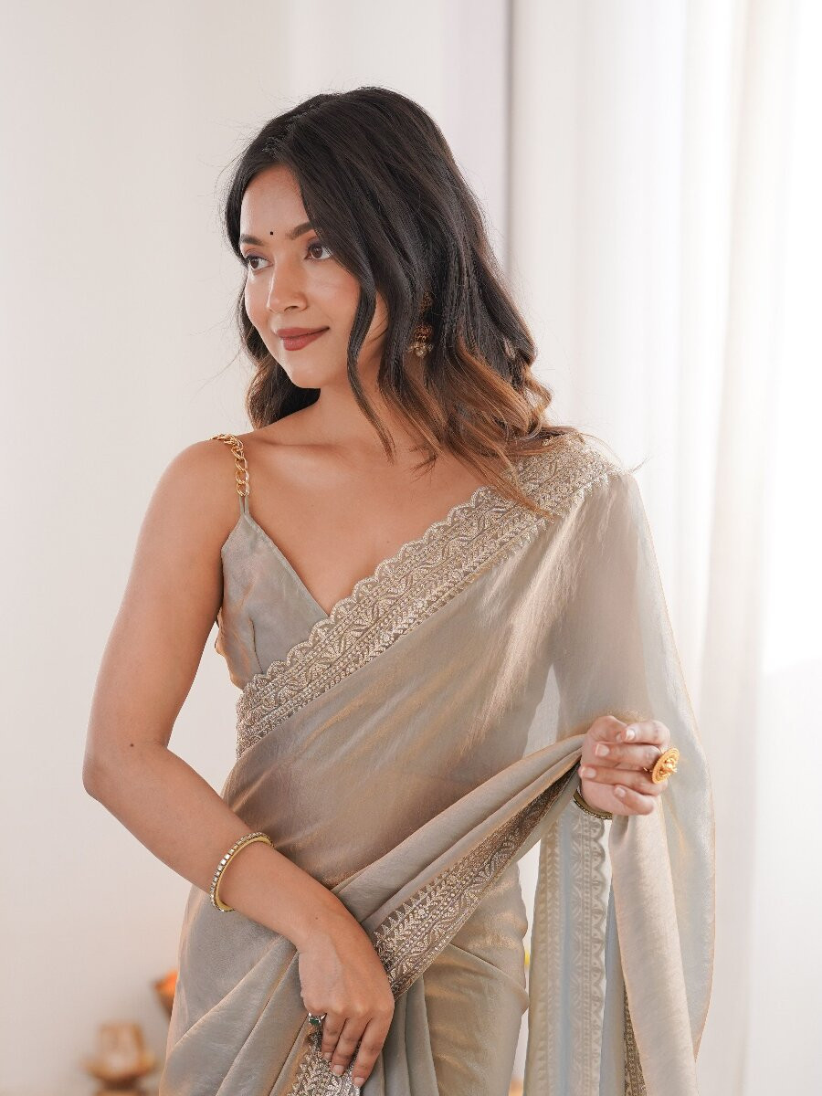 Grey Fendy Satin Embroidery Lace Border Wedding Party Festival Reception Casual Heavy Border Sarees