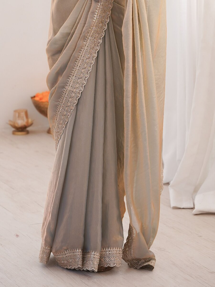 Grey Fendy Satin Embroidery Lace Border Wedding Party Festival Reception Casual Heavy Border Sarees