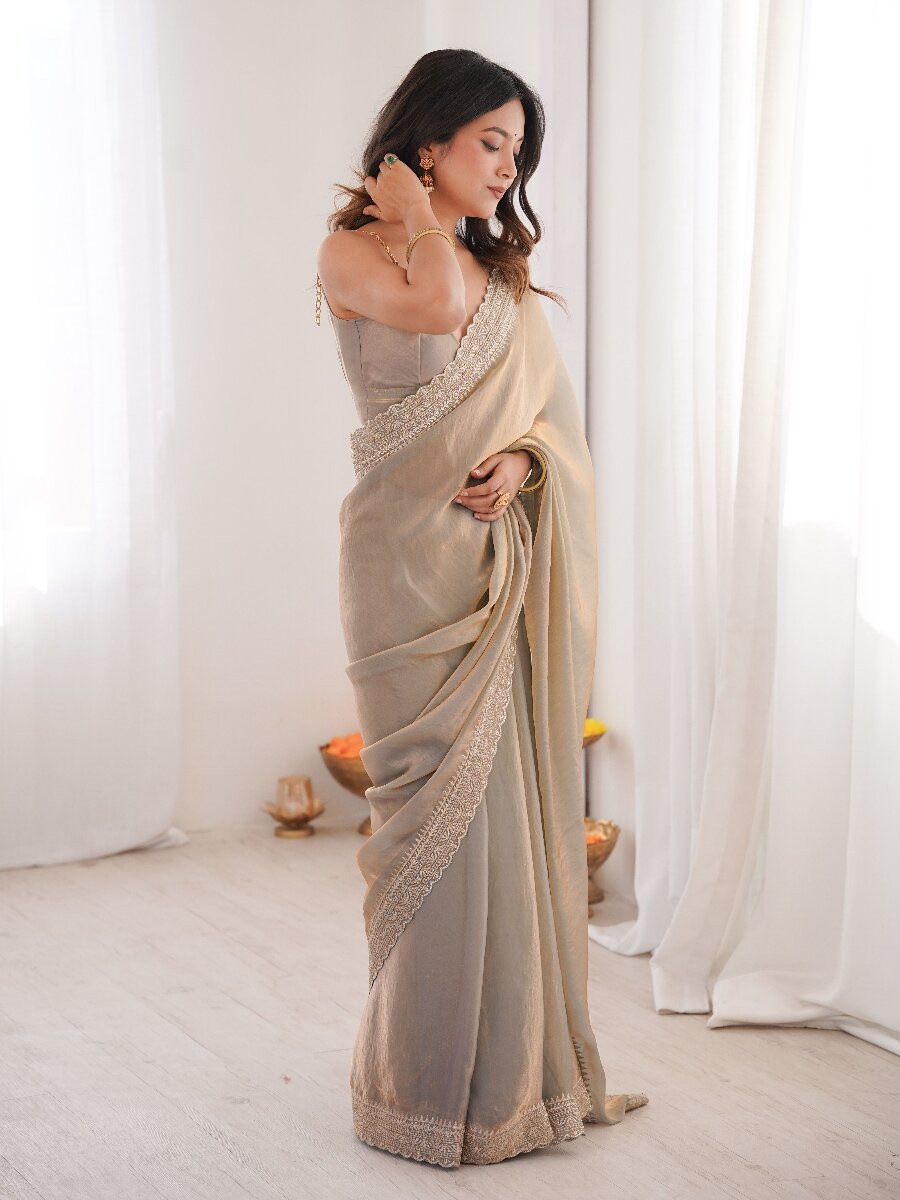 Grey Fendy Satin Embroidery Lace Border Wedding Party Festival Reception Casual Heavy Border Sarees