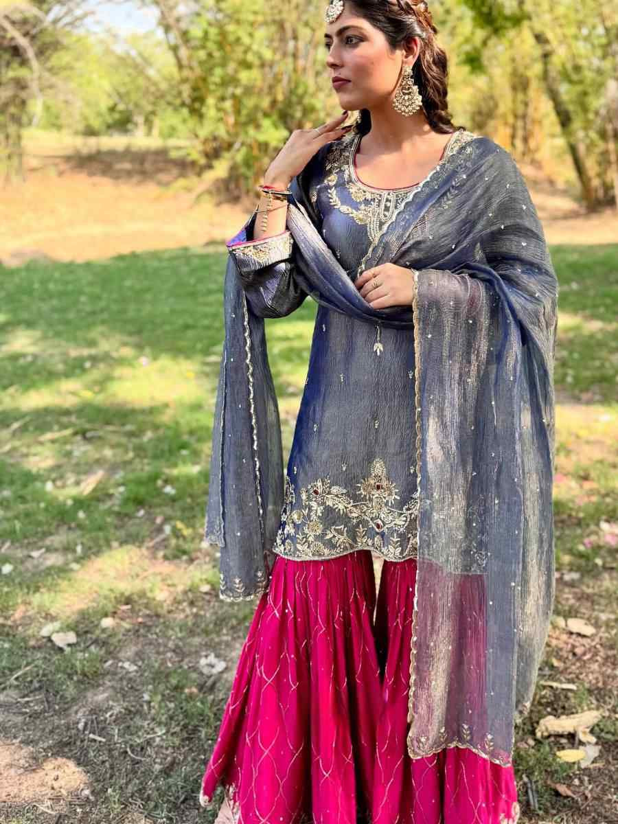 Grey Fendy Silk Embroidery Party Wedding Festival Casual Ready Sharara Pant Salwar Kameez