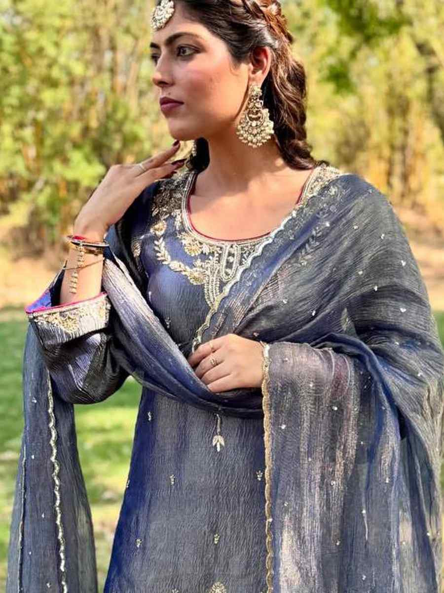 Grey Fendy Silk Embroidery Party Wedding Festival Casual Ready Sharara Pant Salwar Kameez