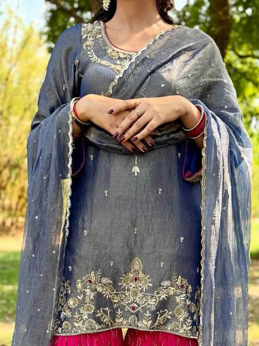 Grey Fendy Silk Embroidery Party Wedding Festival Casual Ready Sharara Pant Salwar Kameez