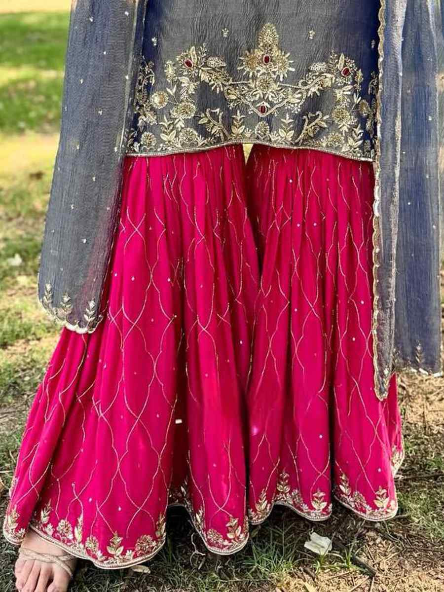 Grey Fendy Silk Embroidery Party Wedding Festival Casual Ready Sharara Pant Salwar Kameez