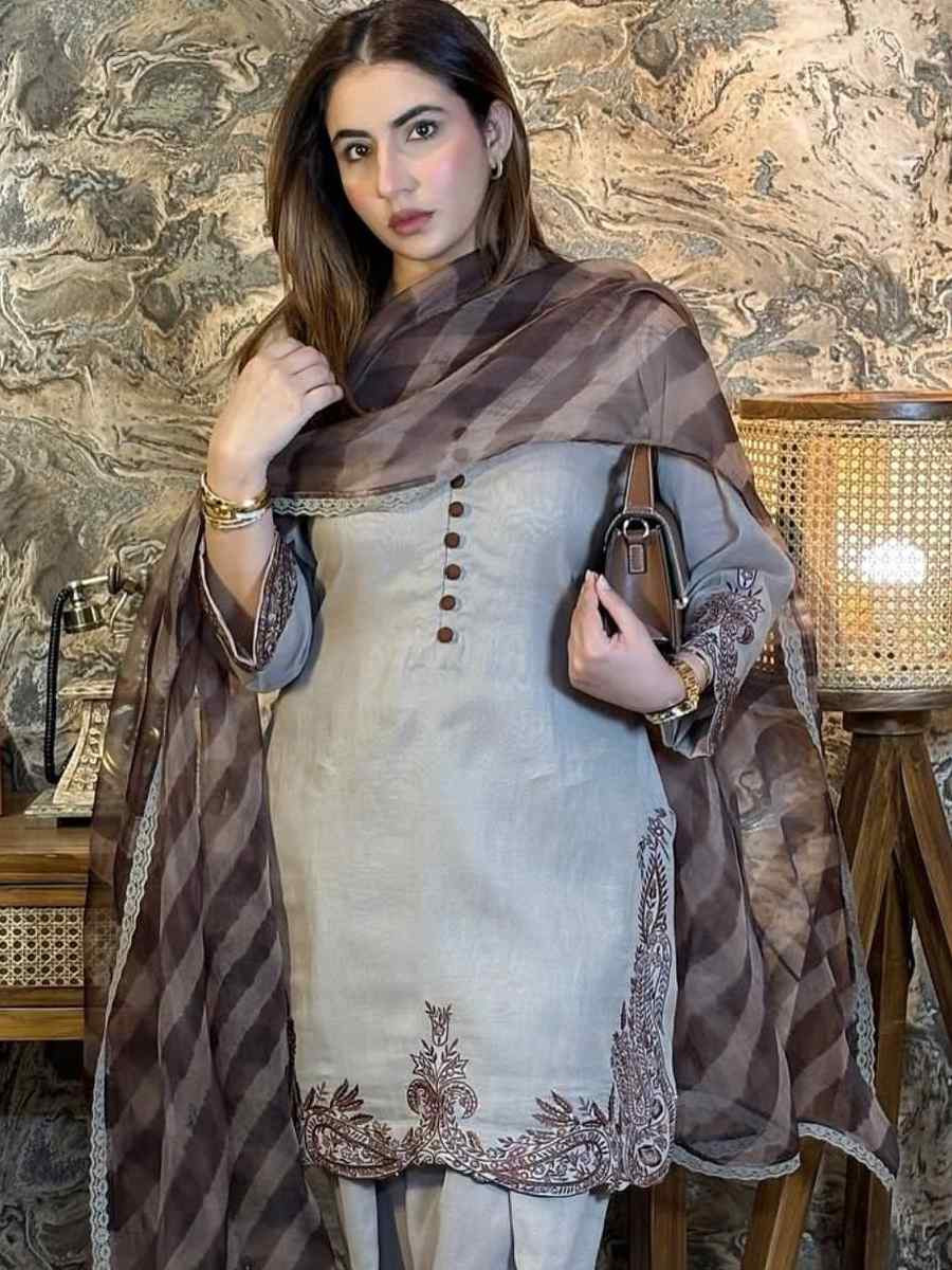 Grey Fox Georgette Embroidered Party Wedding Ready Pant Salwar Kameez