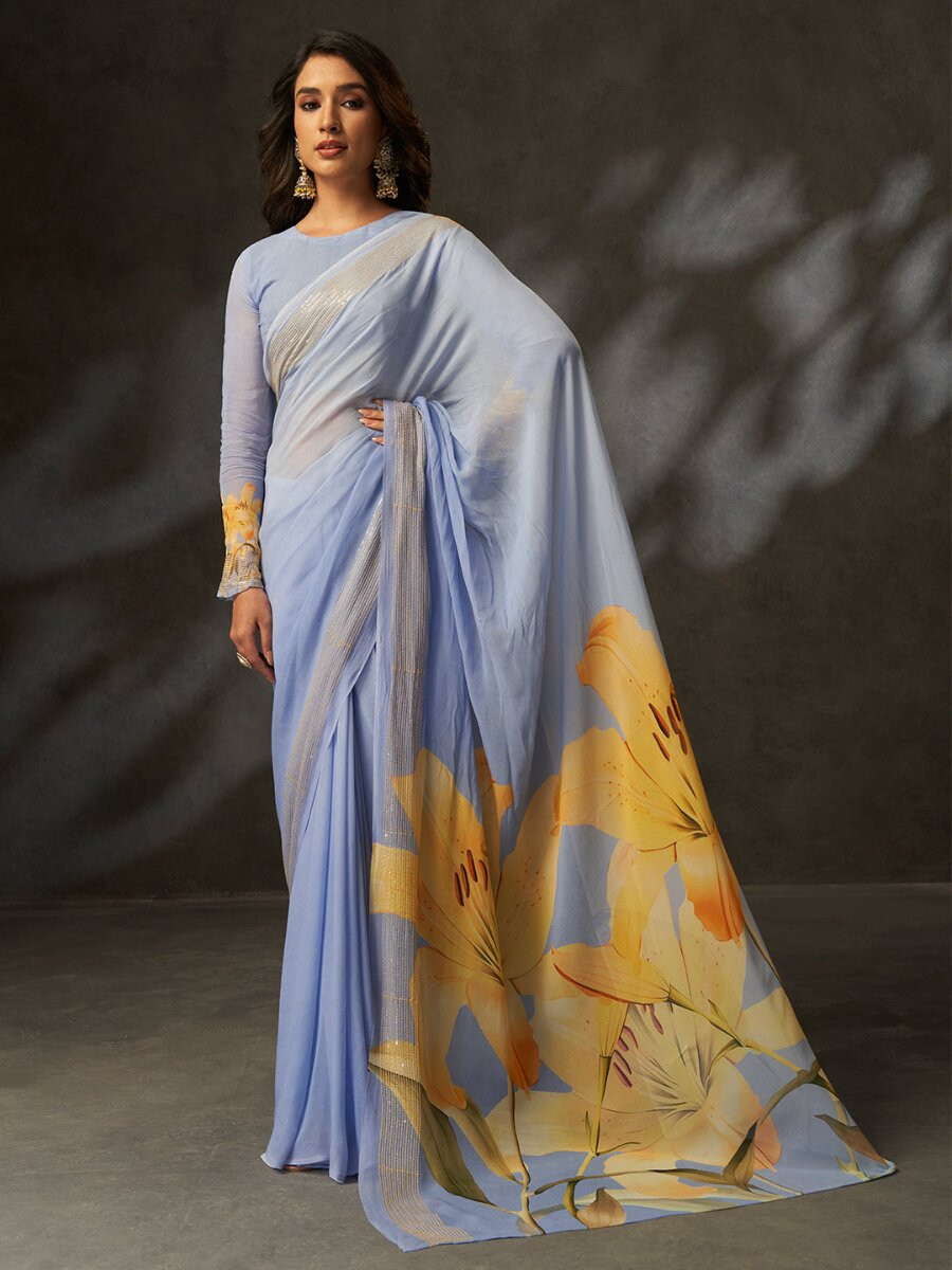 Grey Georgette Digital Printed Wedding Reception Party Festival Casual Heavy Border Sarees