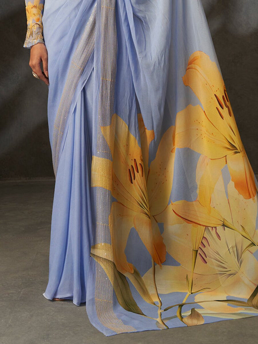 Grey Georgette Digital Printed Wedding Reception Party Festival Casual Heavy Border Sarees