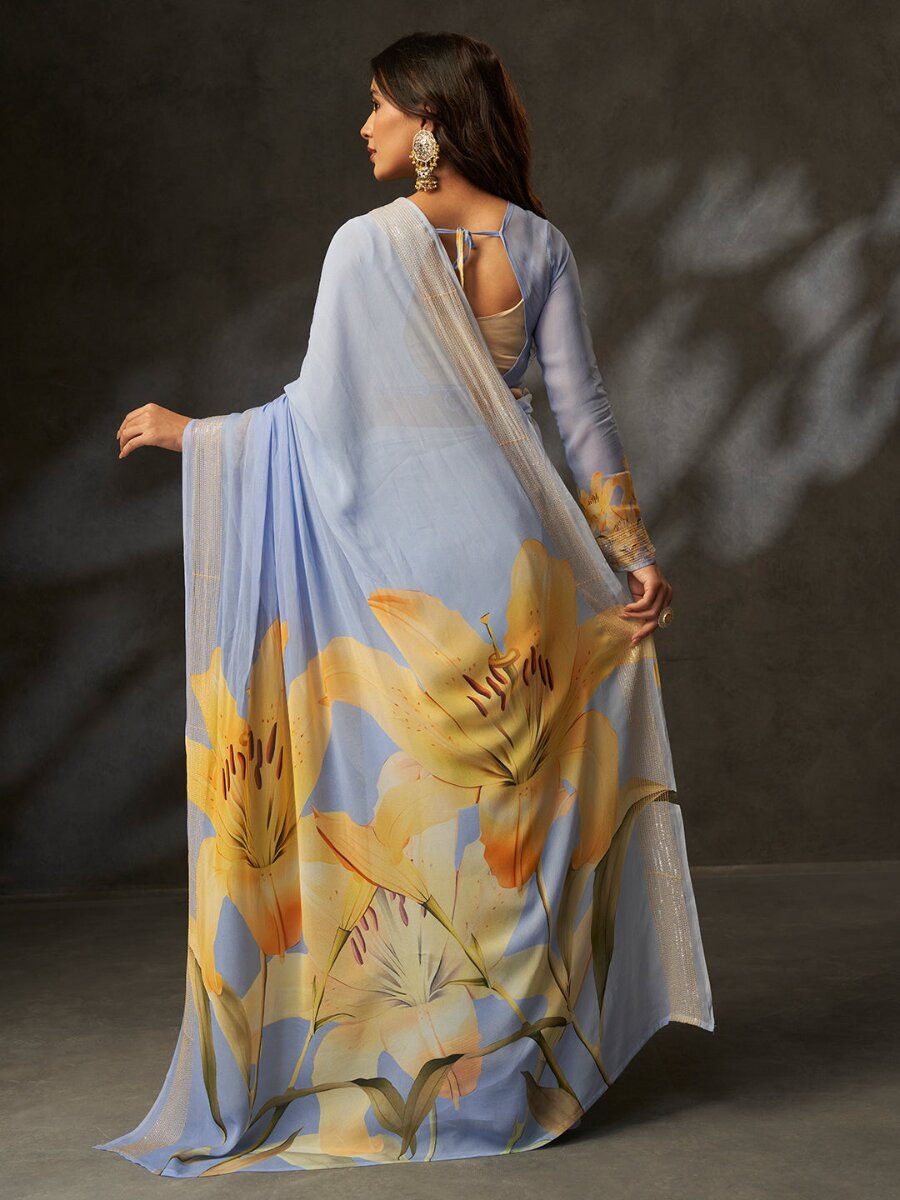Grey Georgette Digital Printed Wedding Reception Party Festival Casual Heavy Border Sarees