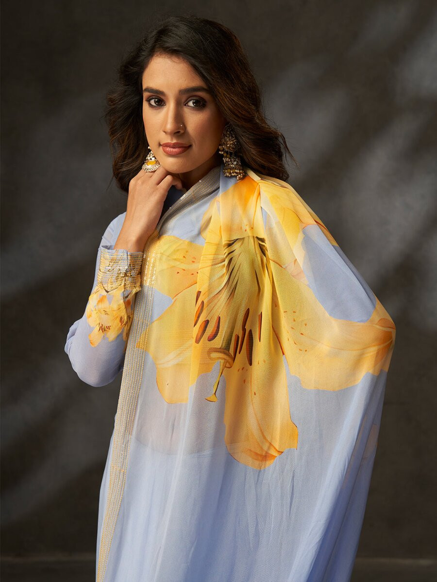 Grey Georgette Digital Printed Wedding Reception Party Festival Casual Heavy Border Sarees
