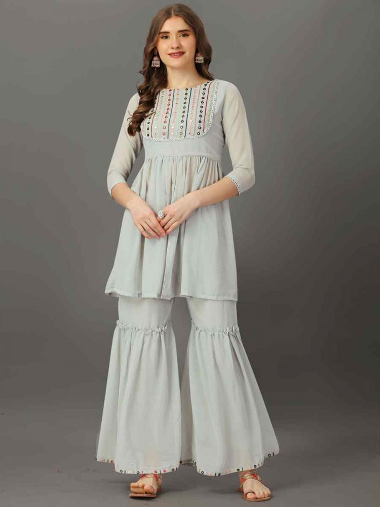 Grey Georgette Embroidered Festival Casual Kurti with Bottom