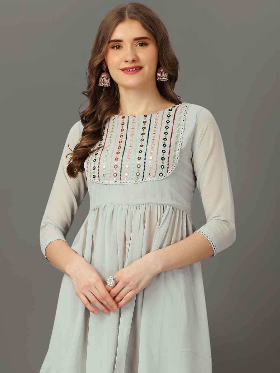 Grey Georgette Embroidered Festival Casual Kurti with Bottom