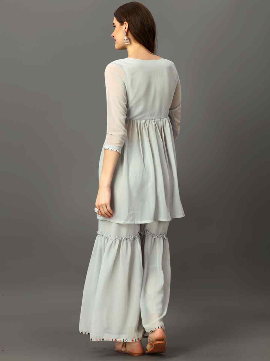 Grey Georgette Embroidered Festival Casual Kurti with Bottom