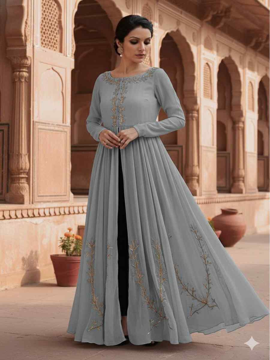 Grey Georgette Embroidered Festival Casual Kurti with Bottom