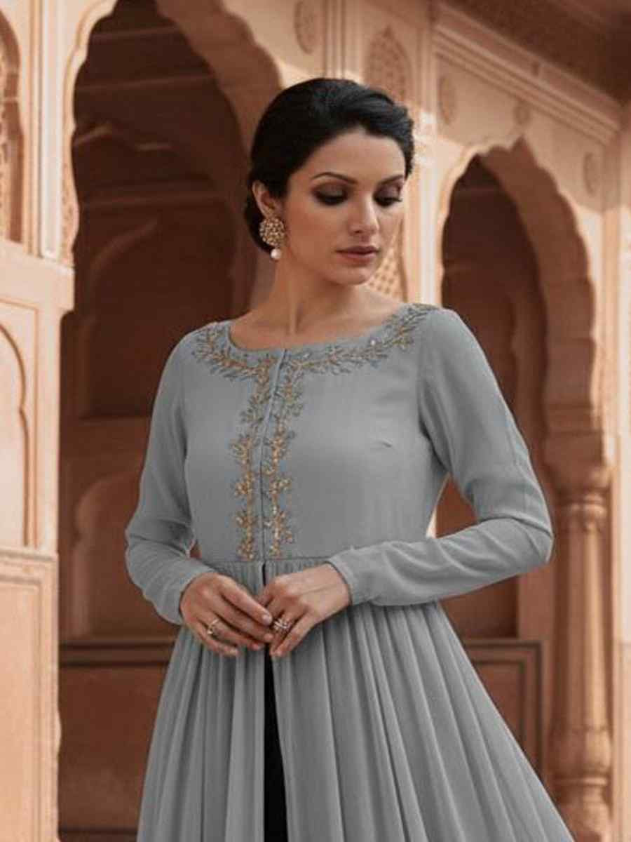 Grey Georgette Embroidered Festival Casual Kurti with Bottom