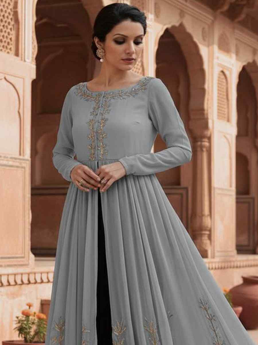 Grey Georgette Embroidered Festival Casual Kurti with Bottom