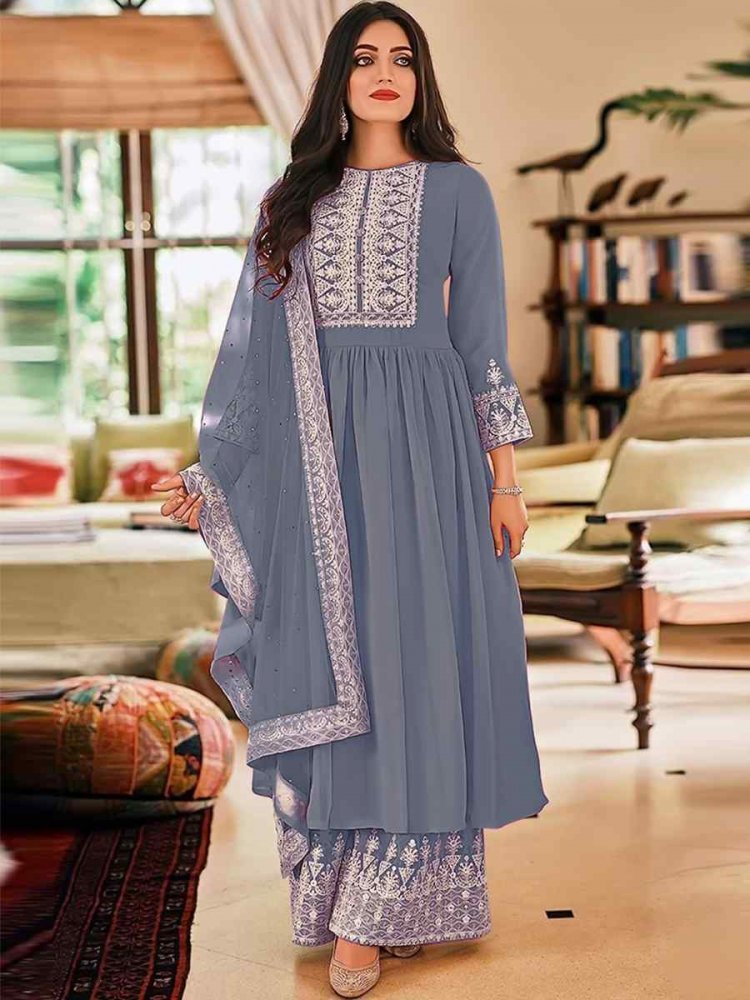 Grey Georgette Embroidered Festival Casual Pant Salwar Kameez