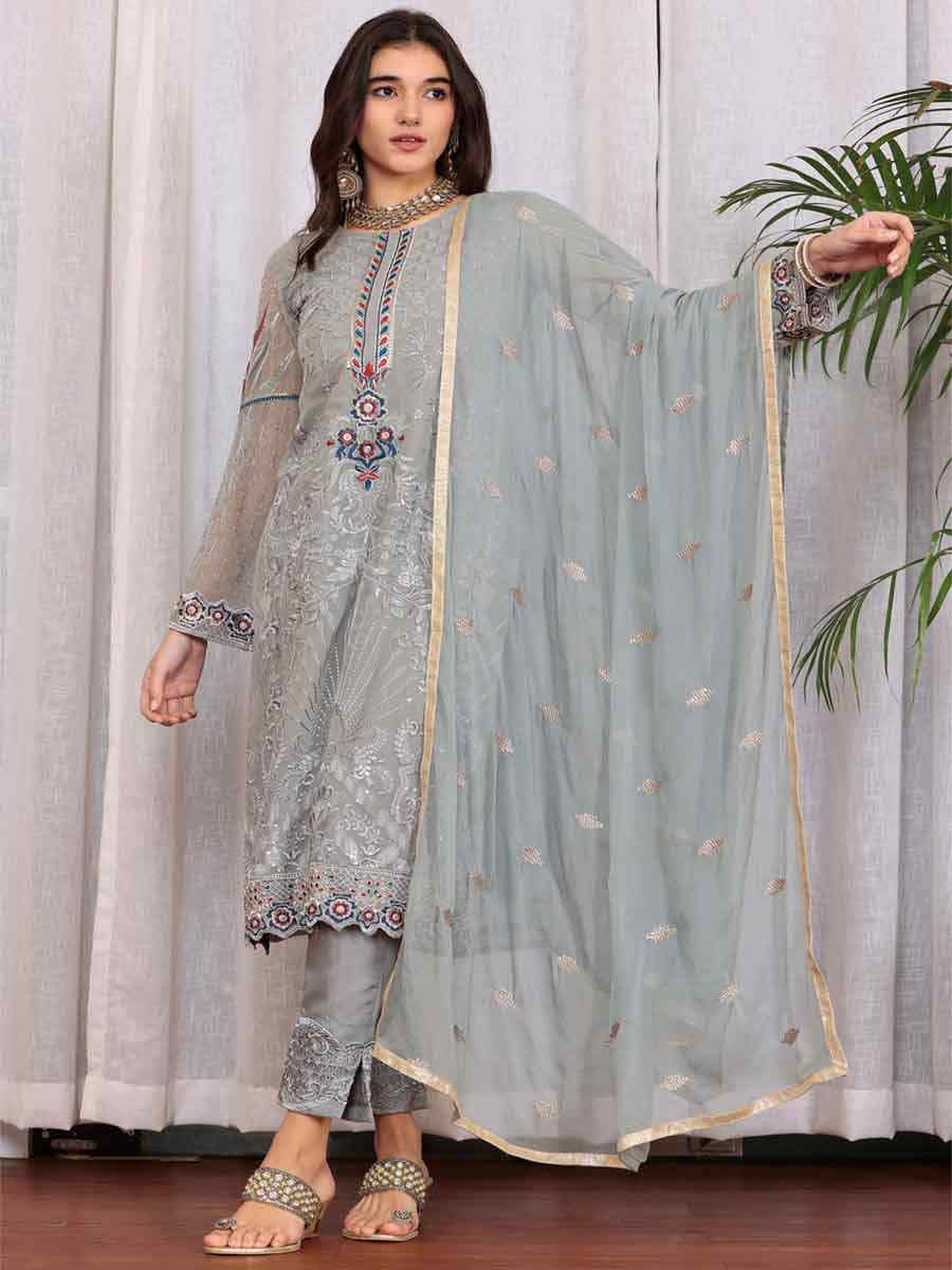 Grey Georgette Embroidered Festival Casual Pant Salwar Kameez