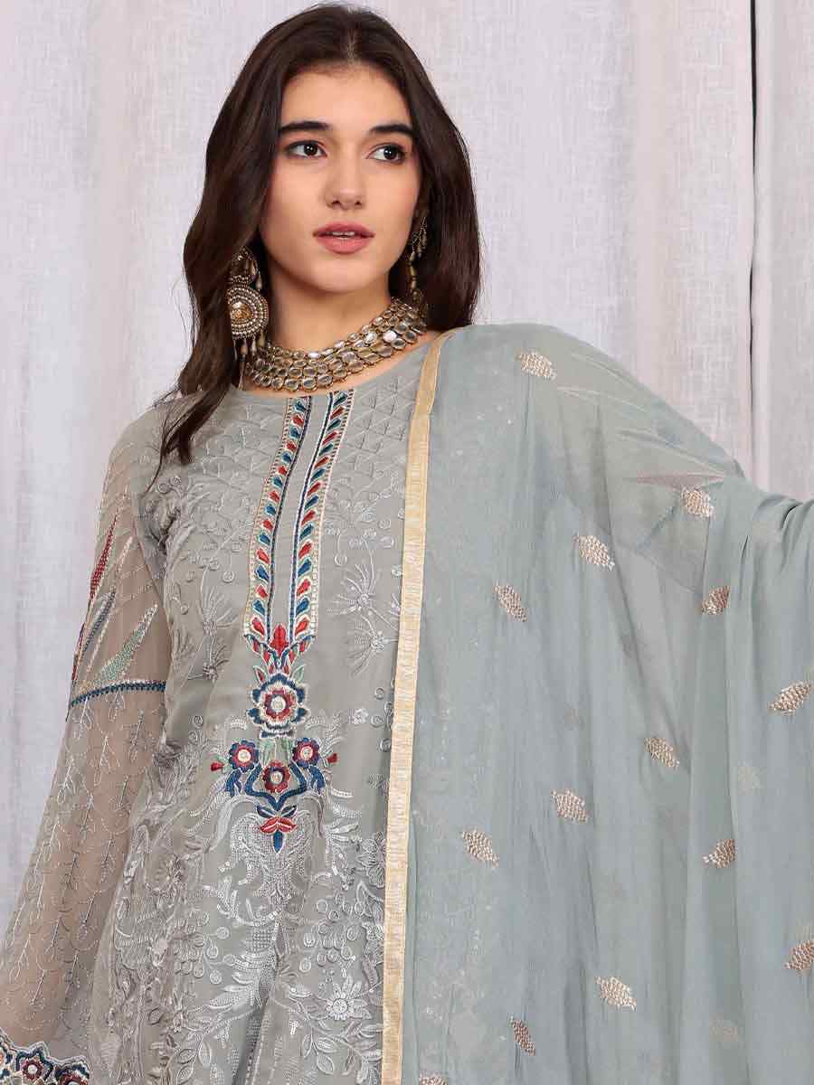 Grey Georgette Embroidered Festival Casual Pant Salwar Kameez