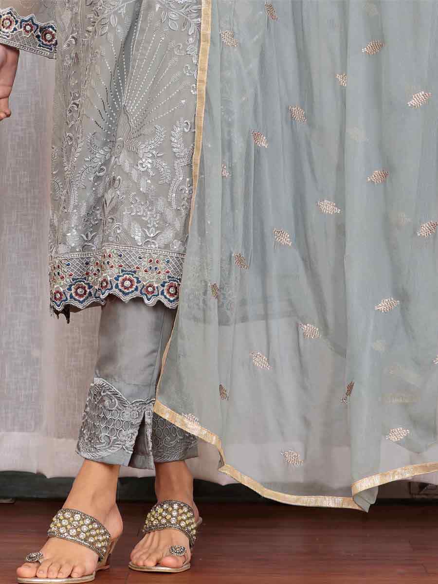 Grey Georgette Embroidered Festival Casual Pant Salwar Kameez