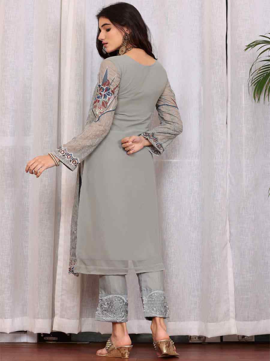 Grey Georgette Embroidered Festival Casual Pant Salwar Kameez